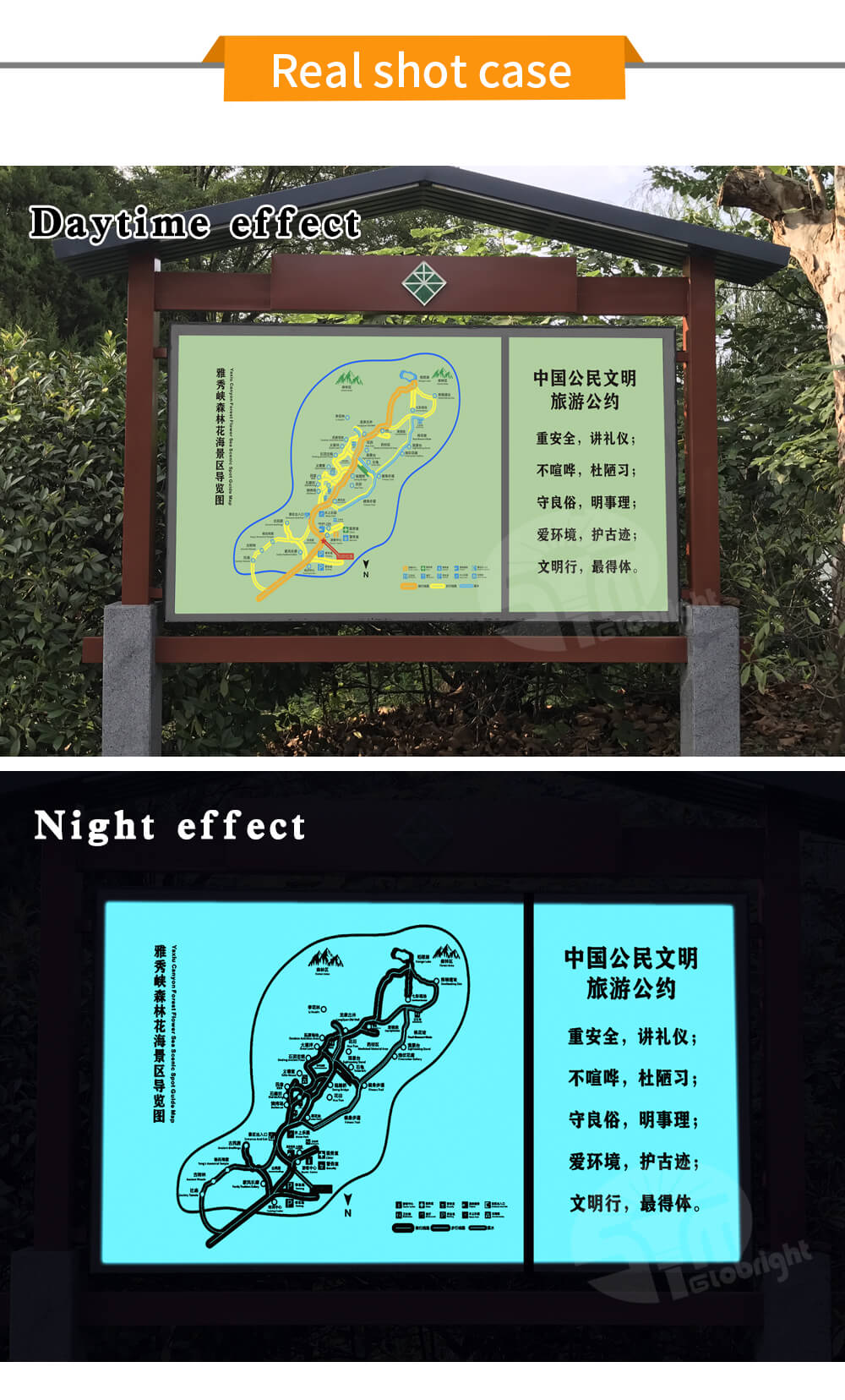 Guía turístico nocturno, letrero en el signo oscuro en la oscuridad