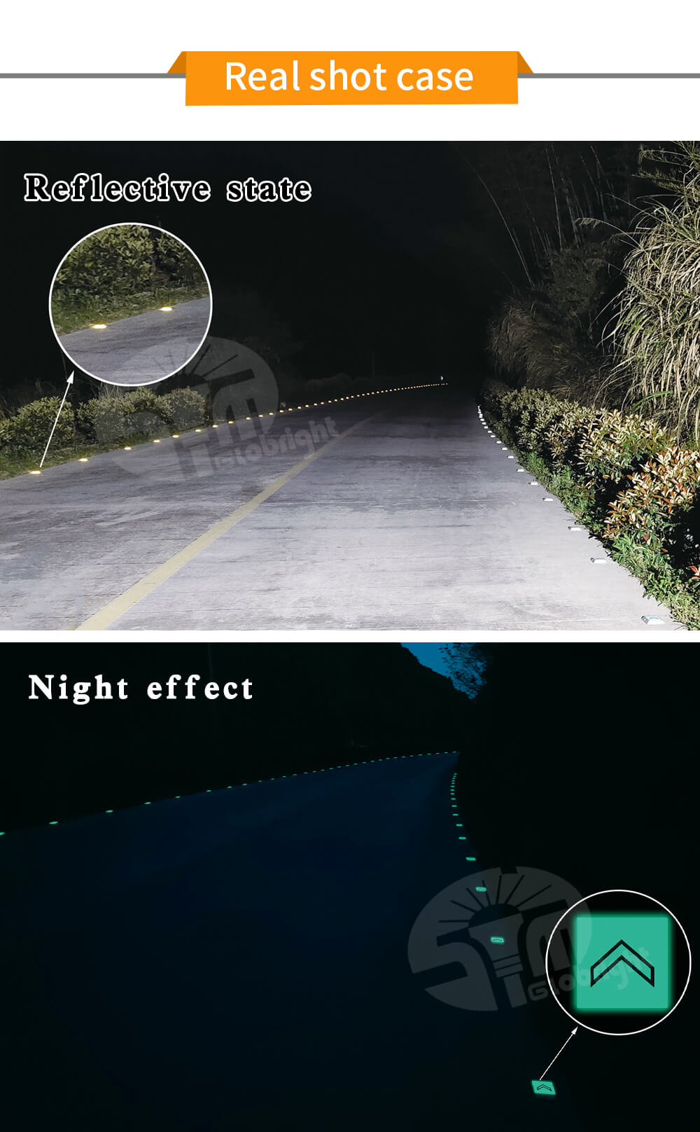 Espárrago de carretera reflectante e-luminoso, reflector, brillo en la oscuridad y energía solar
