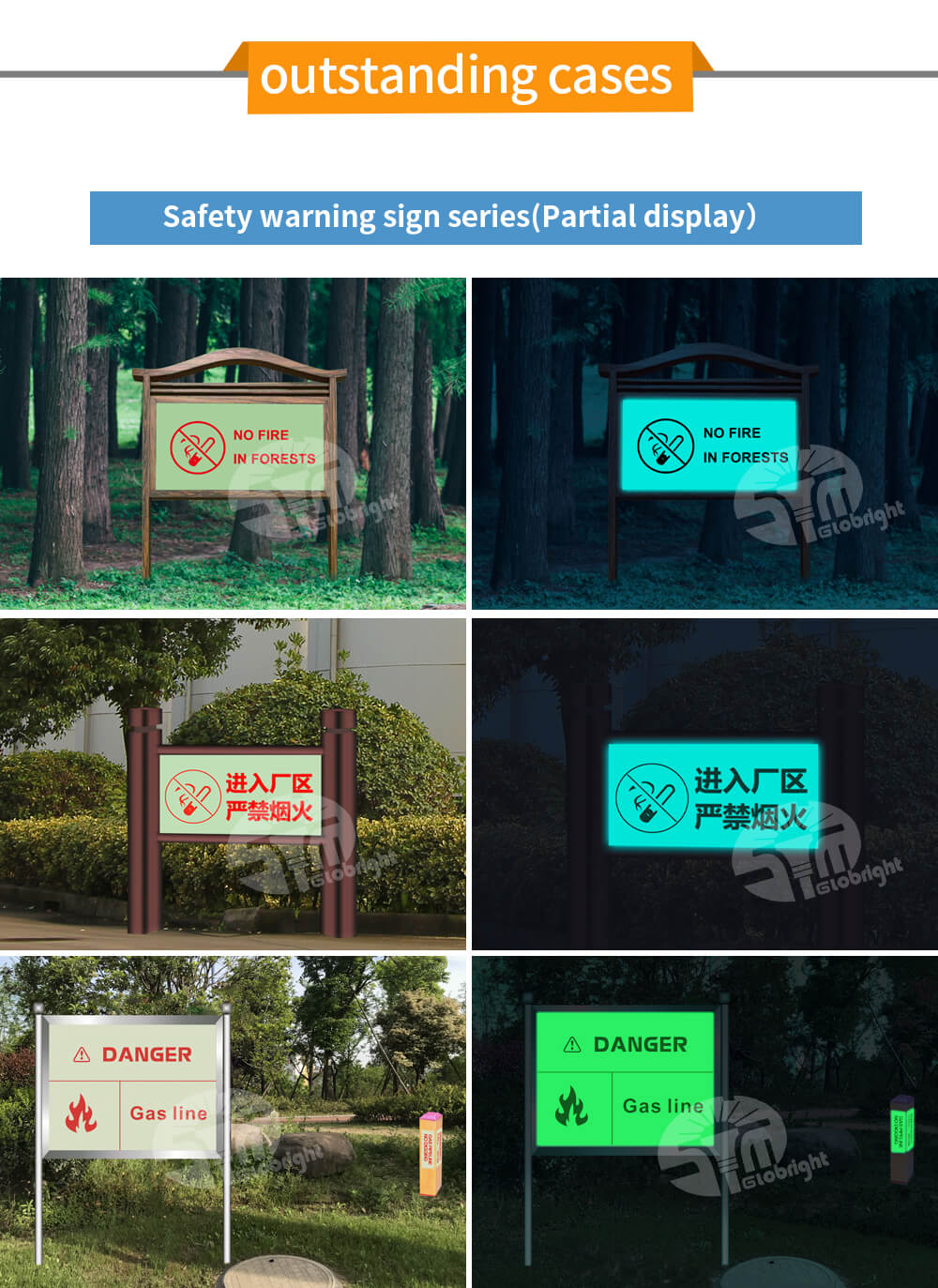 Señal de advertencia de fábrica, luminoso por la noche, lugar de alto riesgo advertido